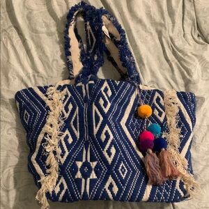 Blue and White Geometric Tote with Tassel Accent